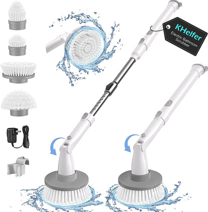 kHelfer Electric Spin Scrubber Kh8, 2023 New Cordless Shower Scrubber, 4 Replacement Head, 1.5H Bathroom Scrubber Dual Speed, Shower Cleaning Brush with Extension Arm for Bathtub Grout Tile Floor