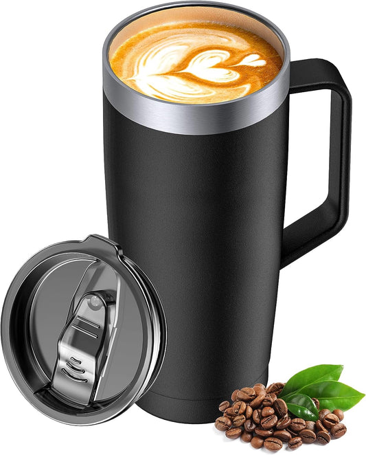 LyriFine Travel Mug with Handle, 24oz Insulated Coffee Mug with Lid, Travel Mugs for Hot and Cold Double-Wall Vacuum Stainless Steel & Sliding Lid for Daily Life, Travel, Office, Dark-Black