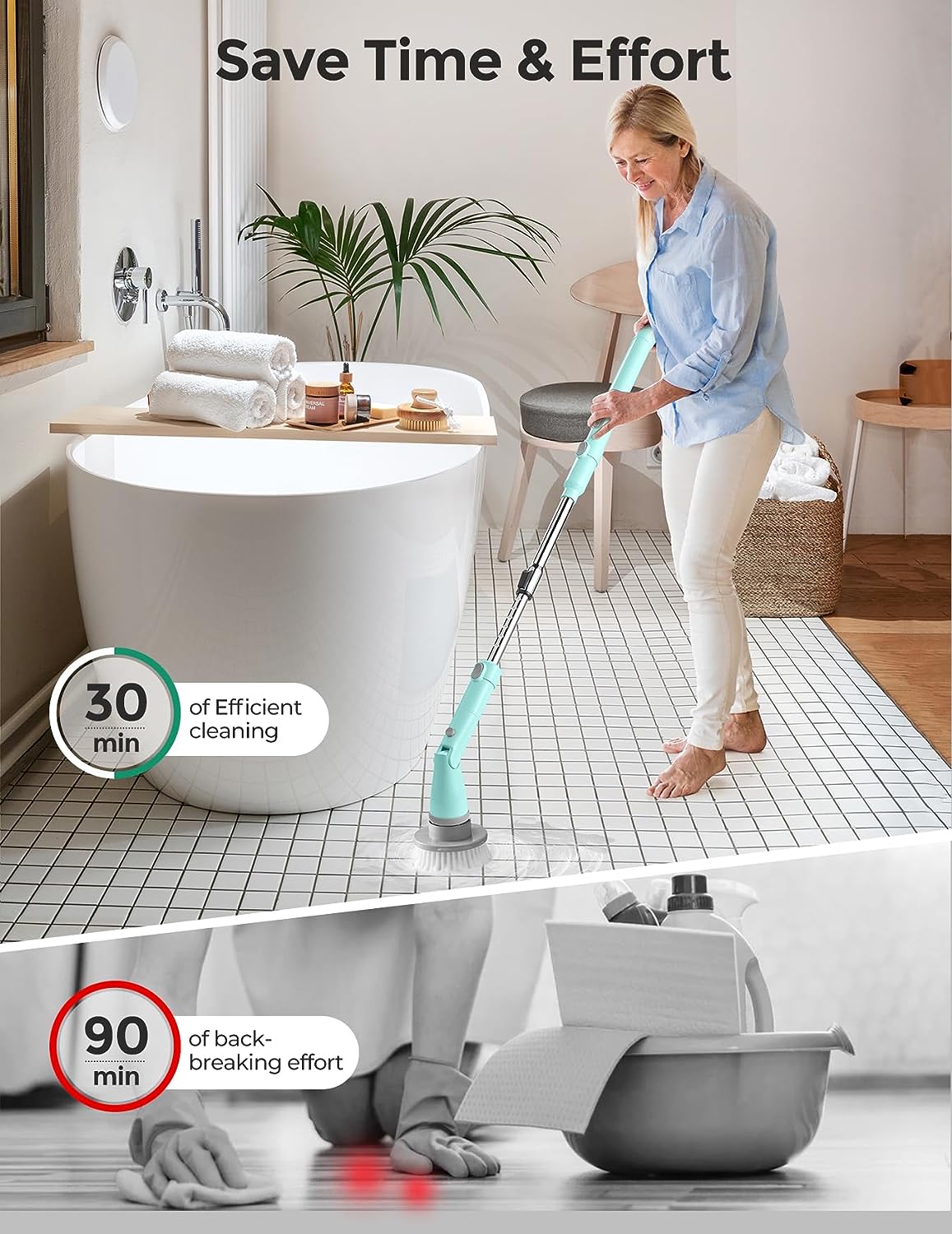 kHelfer Electric Spin Scrubber Kh8 Pro, 2023 New Cordless Shower Scrubber, 4 Replacement Head, 1.5H Bathroom Scrubber Dual Speed, Shower Cleaning Brush with Extension Arm for Bathtub Tile Floor(Blue)